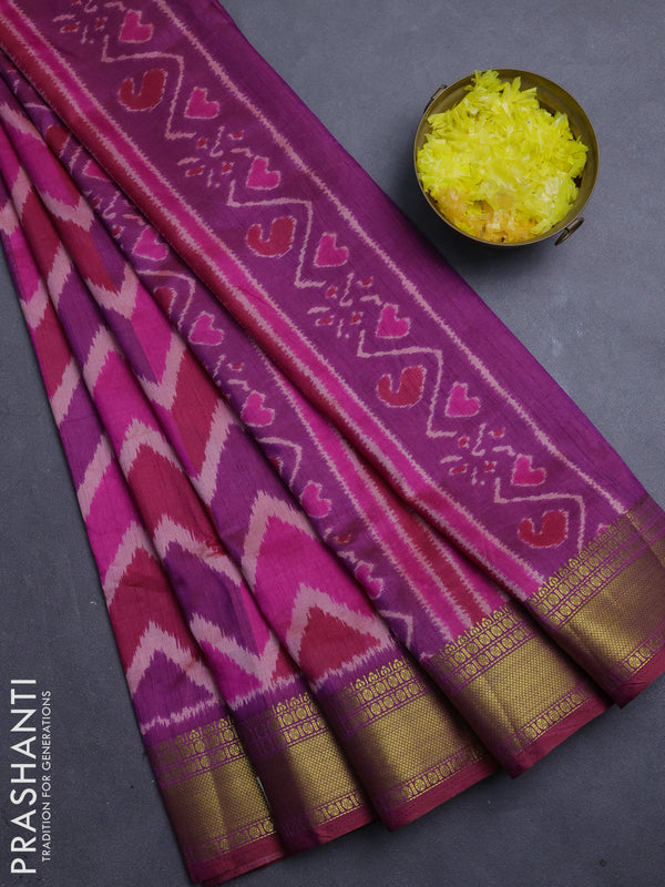 Semi tussar saree pink and purple with allover zigzag ikat prints and zari woven border
