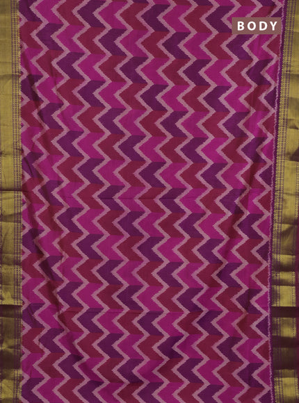 Semi tussar saree pink and purple with allover zigzag ikat prints and zari woven border