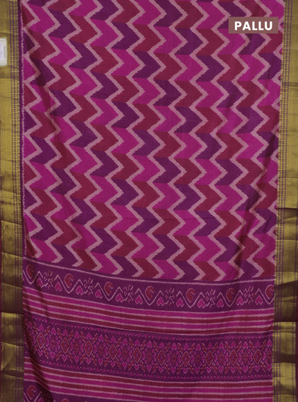 Semi tussar saree pink and purple with allover zigzag ikat prints and zari woven border