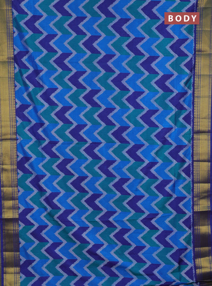 Semi tussar saree blue and royal blue with allover zigzag ikat prints and zari woven border