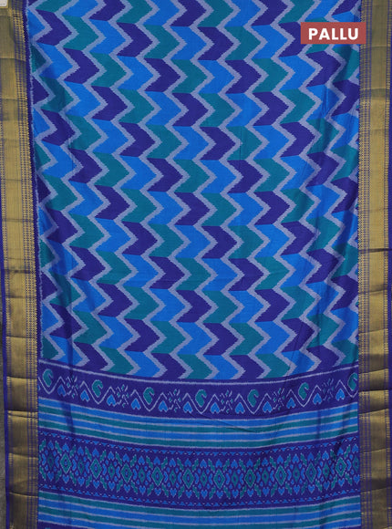 Semi tussar saree blue and royal blue with allover zigzag ikat prints and zari woven border