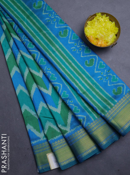 Semi tussar saree green and teal blue with allover zigzag ikat prints and zari woven border