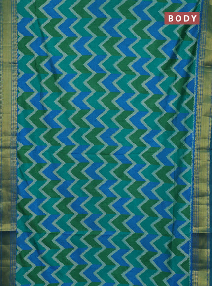 Semi tussar saree green and teal blue with allover zigzag ikat prints and zari woven border