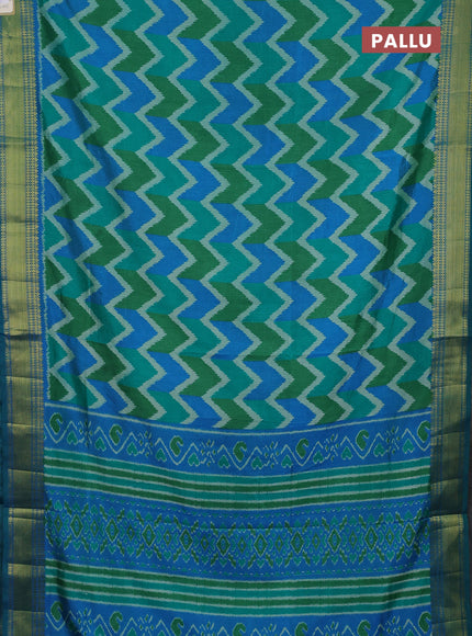Semi tussar saree green and teal blue with allover zigzag ikat prints and zari woven border
