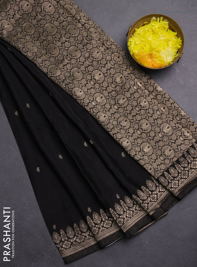 Semi mysore silk saree black with zari woven buttas and zari woven border