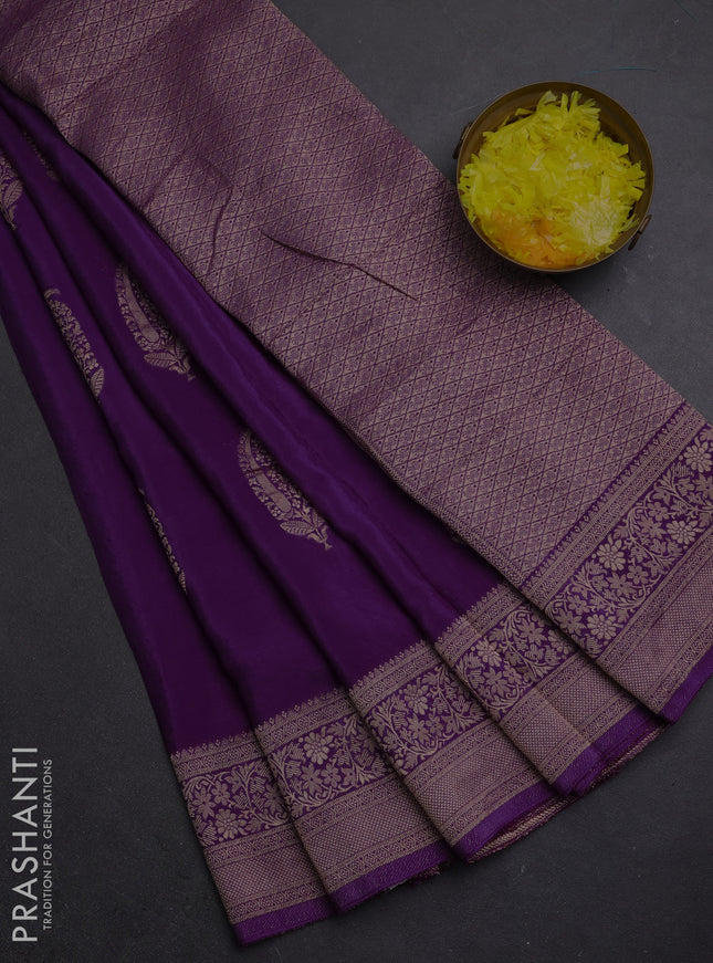 Semi mysore silk saree purple with zari woven buttas and long zari woven border
