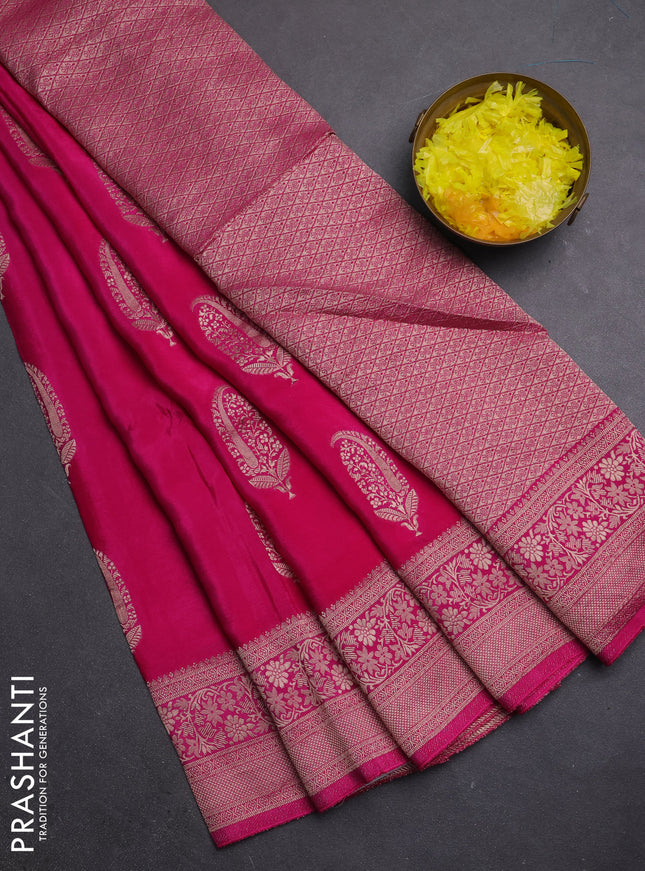 Semi mysore silk saree dark pink with zari woven buttas and long zari woven border
