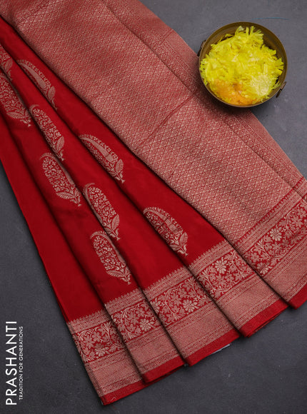 Semi mysore silk saree maroon with zari woven buttas and long zari woven border