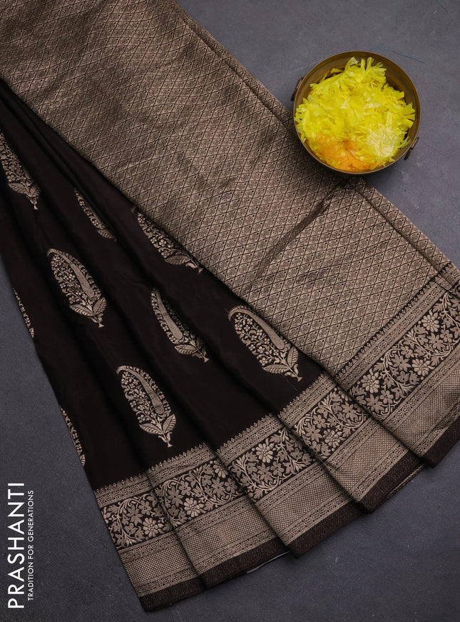 Semi mysore silk saree coffee brown with zari woven buttas and long zari woven border