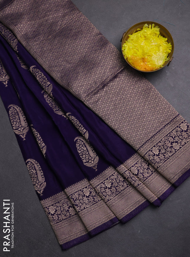 Semi mysore silk saree navy blue with zari woven buttas and long zari woven border