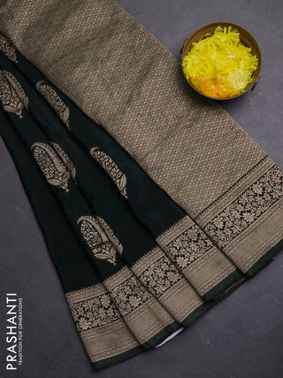 Semi mysore silk saree bottle green with zari woven buttas and long zari woven border