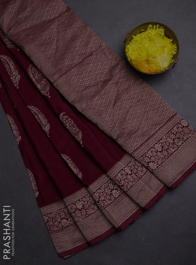 Semi mysore silk saree wine shade with zari woven buttas and long zari woven border