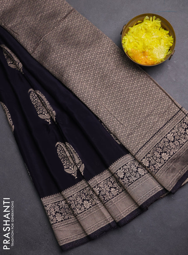 Semi mysore silk saree black with zari woven buttas and long zari woven border