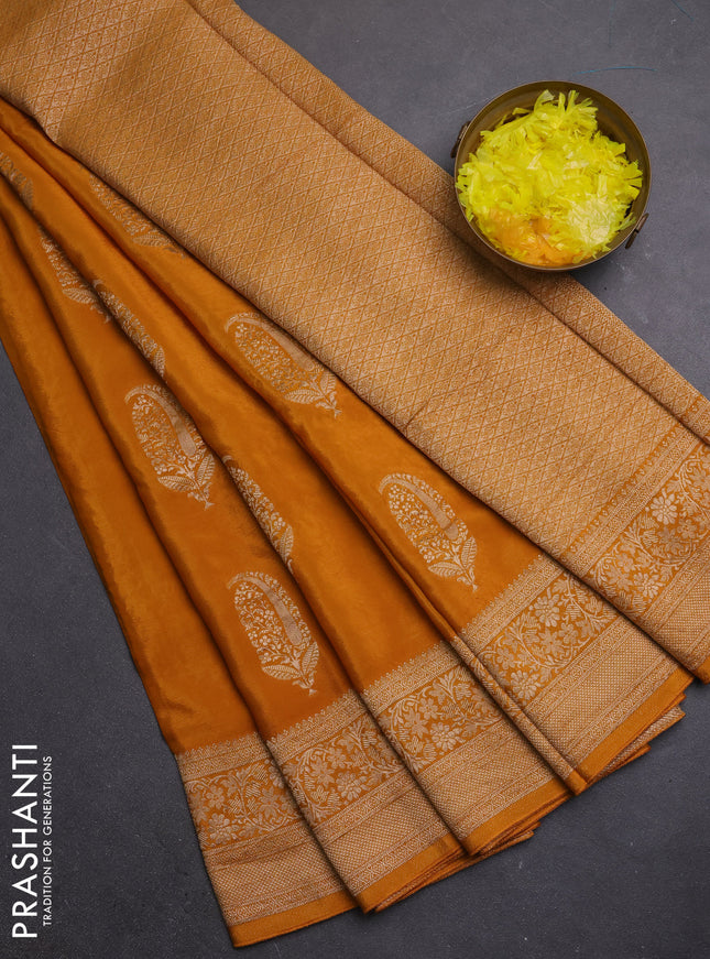 Semi mysore silk saree mustard yellow with zari woven buttas and long zari woven border