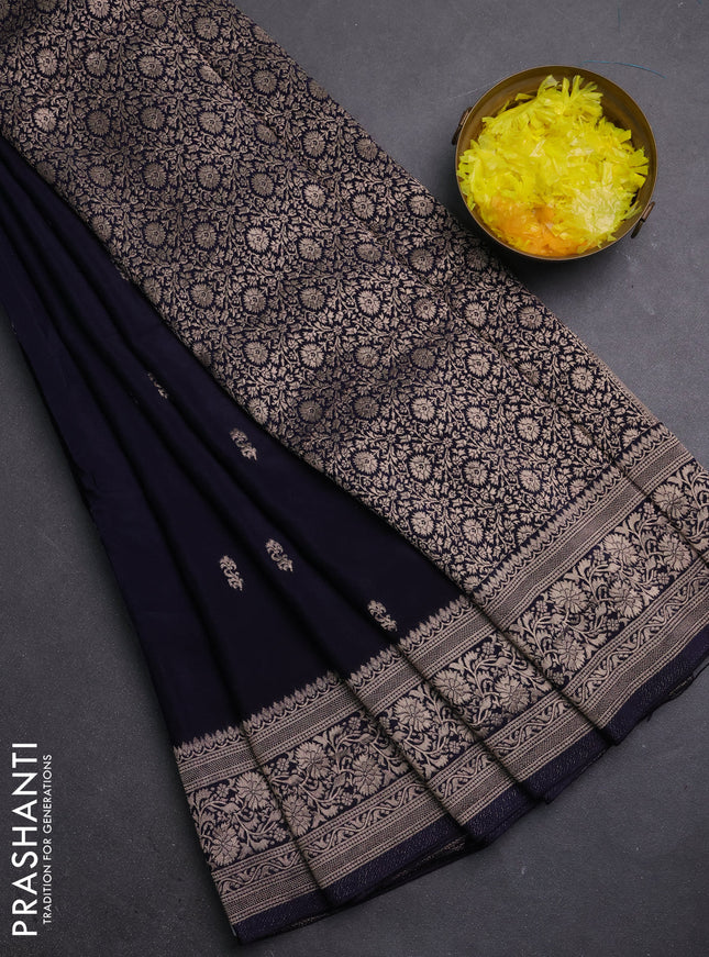 Semi mysore silk saree navy blue with allover zari woven buttas and long zari woven border