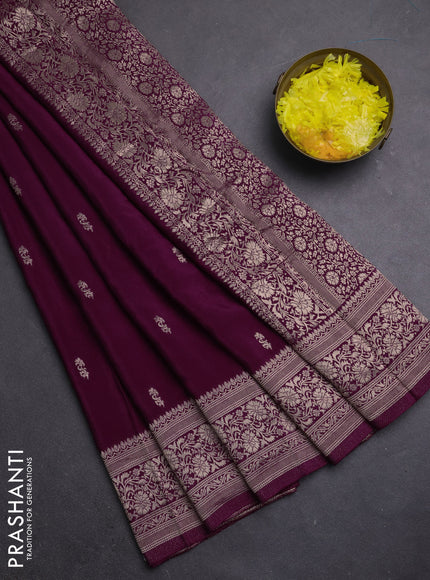 Semi mysore silk saree wine shade with allover zari woven buttas and long zari woven border