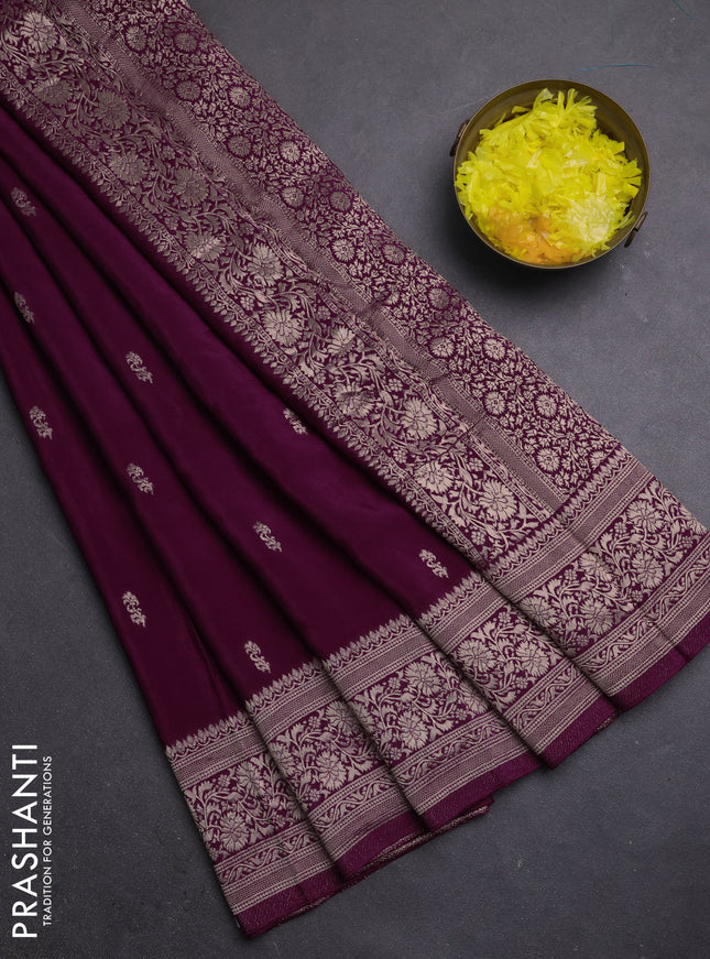Semi mysore silk saree wine shade with allover zari woven buttas and long zari woven border