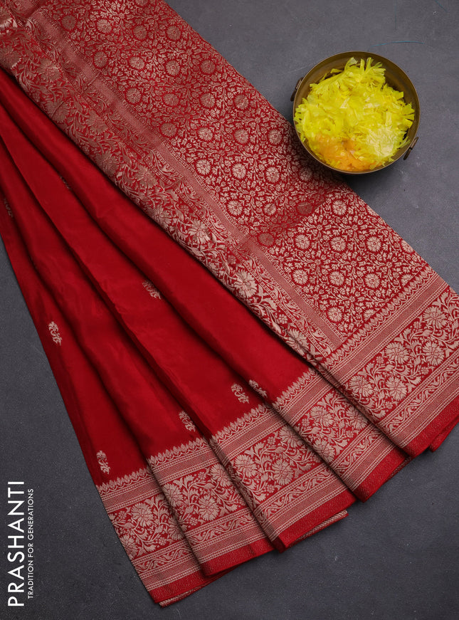 Semi mysore silk saree maroon with allover zari woven buttas and long zari woven border