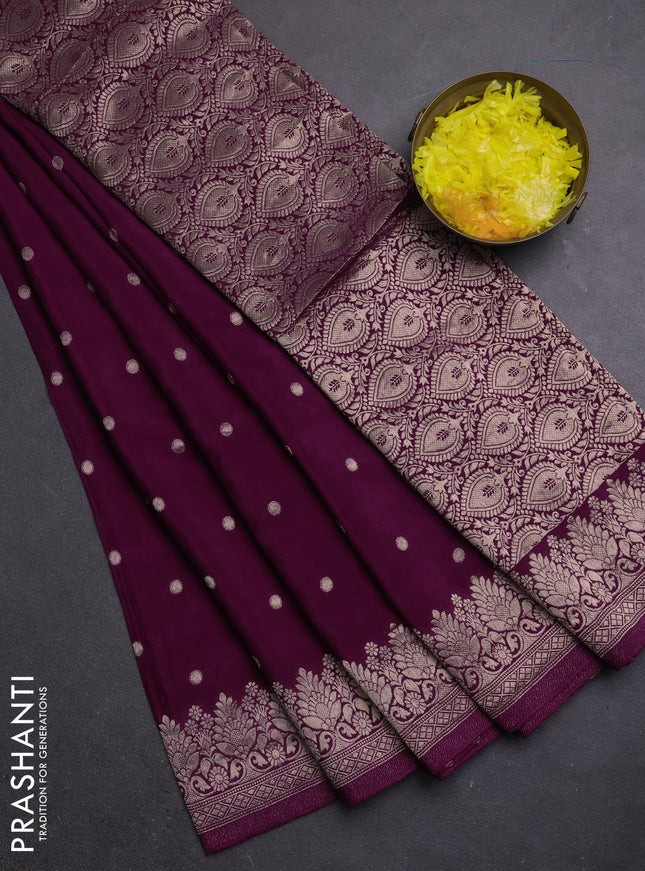 Semi mysore silk saree wine shade with allover zari woven buttas and zari woven border
