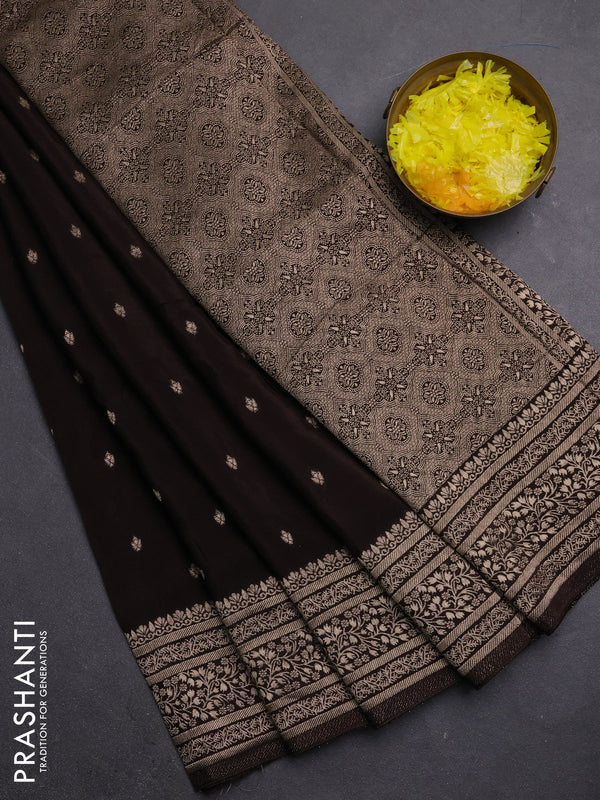 Semi mysore silk saree coffee brown with allover zari woven buttas and zari woven border
