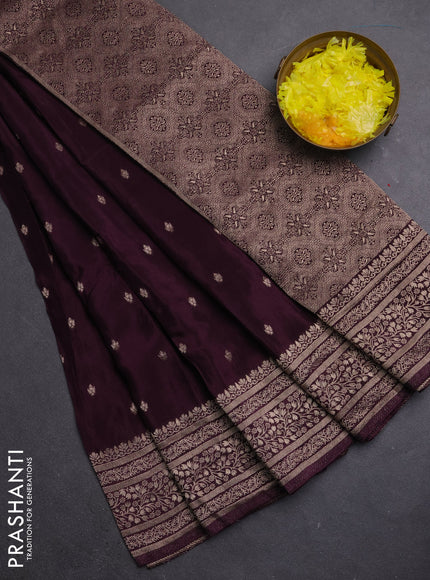 Semi mysore silk saree deep wine with allover zari woven buttas and zari woven border