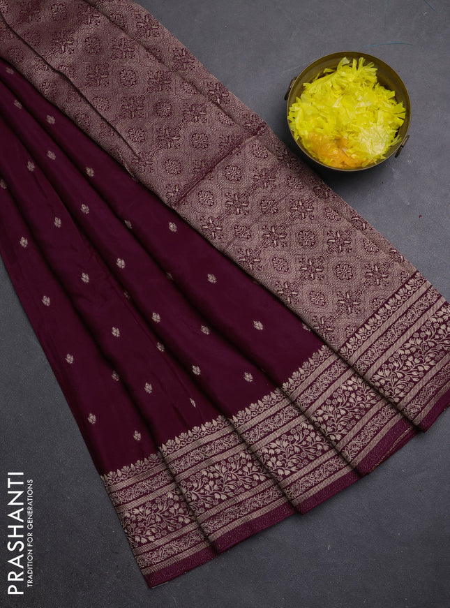 Semi mysore silk saree wine shade with allover zari woven buttas and zari woven border