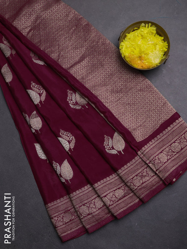 Semi mysore silk saree deep maroon with zari woven buttas and zari woven border