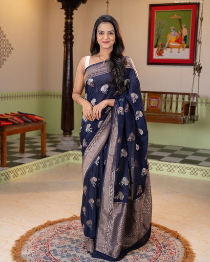 Semi mysore silk saree navy blue with allover floral zari woven buttas and zari woven border