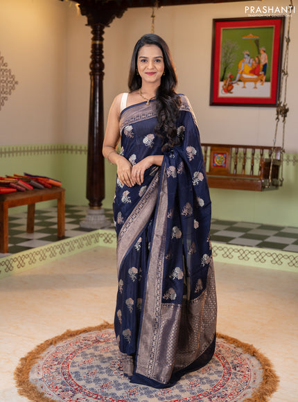 Semi mysore silk saree navy blue with allover floral zari woven buttas and zari woven border