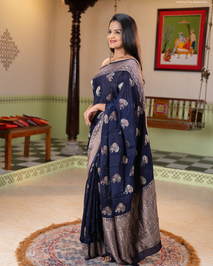Semi mysore silk saree navy blue with allover floral zari woven buttas and zari woven border