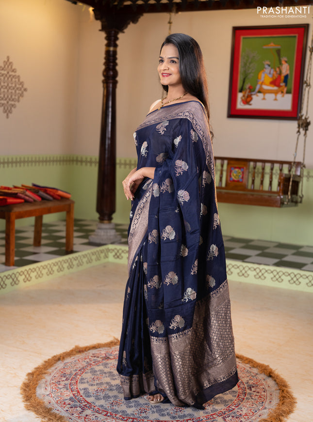Semi mysore silk saree navy blue with allover floral zari woven buttas and zari woven border