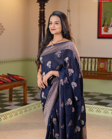 Semi mysore silk saree navy blue with allover floral zari woven buttas and zari woven border