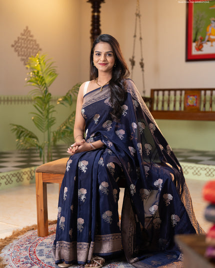 Semi mysore silk saree navy blue with allover floral zari woven buttas and zari woven border