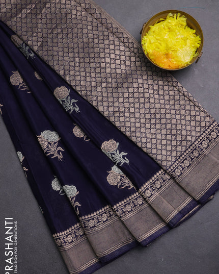 Semi mysore silk saree navy blue with allover floral zari woven buttas and zari woven border