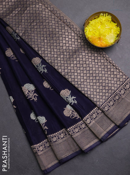 Semi mysore silk saree navy blue with allover floral zari woven buttas and zari woven border