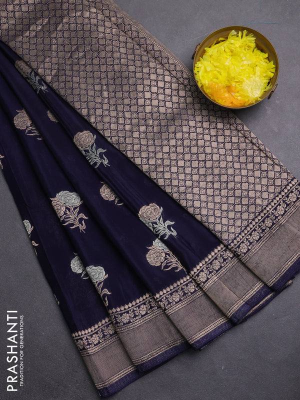 Semi mysore silk saree navy blue with allover floral zari woven buttas and zari woven border