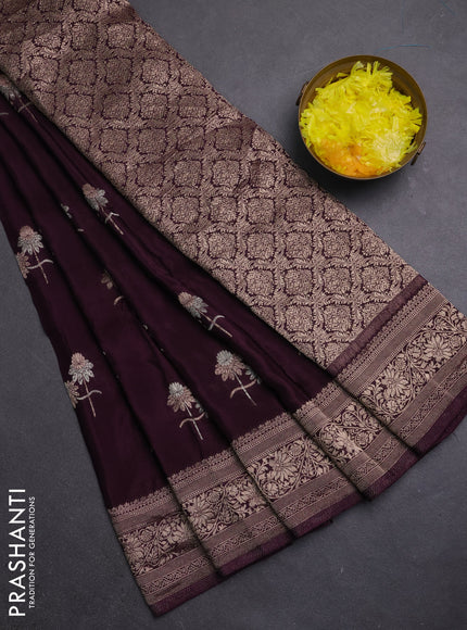 Semi mysore silk saree deep jamun with floral zari woven buttas and zari woven border