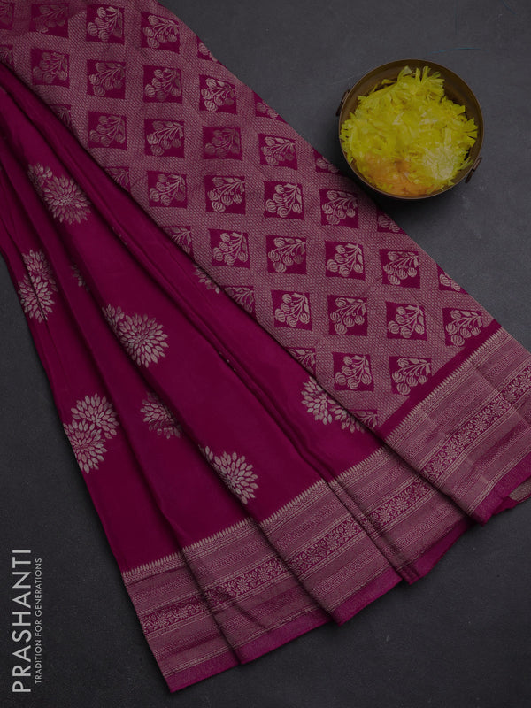Semi mysore silk saree dark pink with zari woven buttas and zari woven border