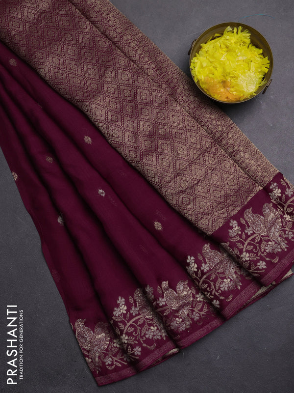 Semi mysore silk saree deep maroon with zari woven buttas and zari woven border