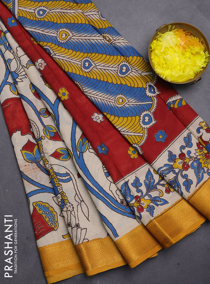 Kalamkari semi silk saree beige and mustard yellow with allover pichwai prints and mangalgiri border