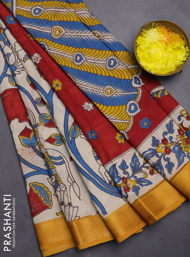 Kalamkari semi silk saree beige and mustard yellow with allover pichwai prints and mangalgiri border