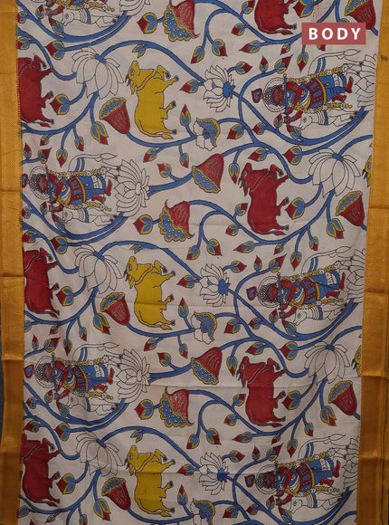 Kalamkari semi silk saree beige and mustard yellow with allover pichwai prints and mangalgiri border