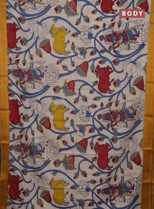 Kalamkari semi silk saree beige and mustard yellow with allover pichwai prints and mangalgiri border