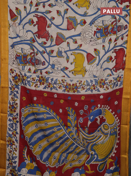 Kalamkari semi silk saree beige and mustard yellow with allover pichwai prints and mangalgiri border