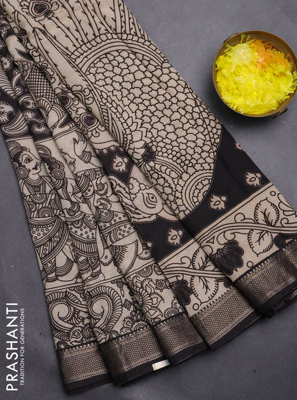 Kalamkari semi silk saree beige and black with allover prints and mangalgiri border