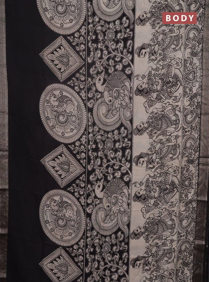 Kalamkari semi silk saree beige and black with allover prints and mangalgiri border