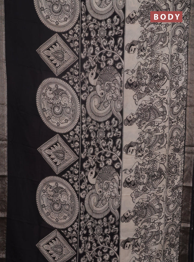 Kalamkari semi silk saree beige and black with allover prints and mangalgiri border