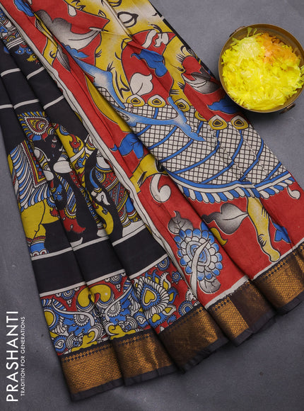 Kalamkari semi silk saree black with allover prints and mangalgiri border