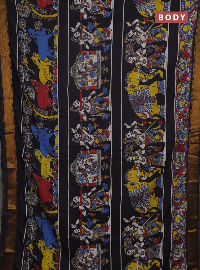 Kalamkari semi silk saree black with allover prints and mangalgiri border