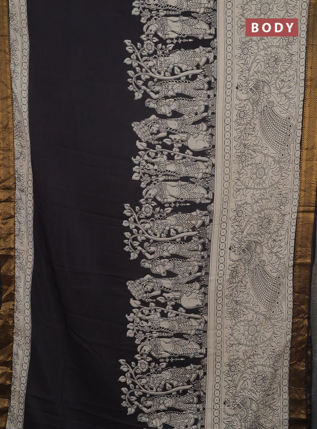 Kalamkari semi silk saree beige and black with allover prints and mangalgiri border